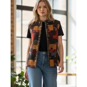 Coldwater Creek Womens Vest Patchwork‎ Tapestry Button Front Lined Medium